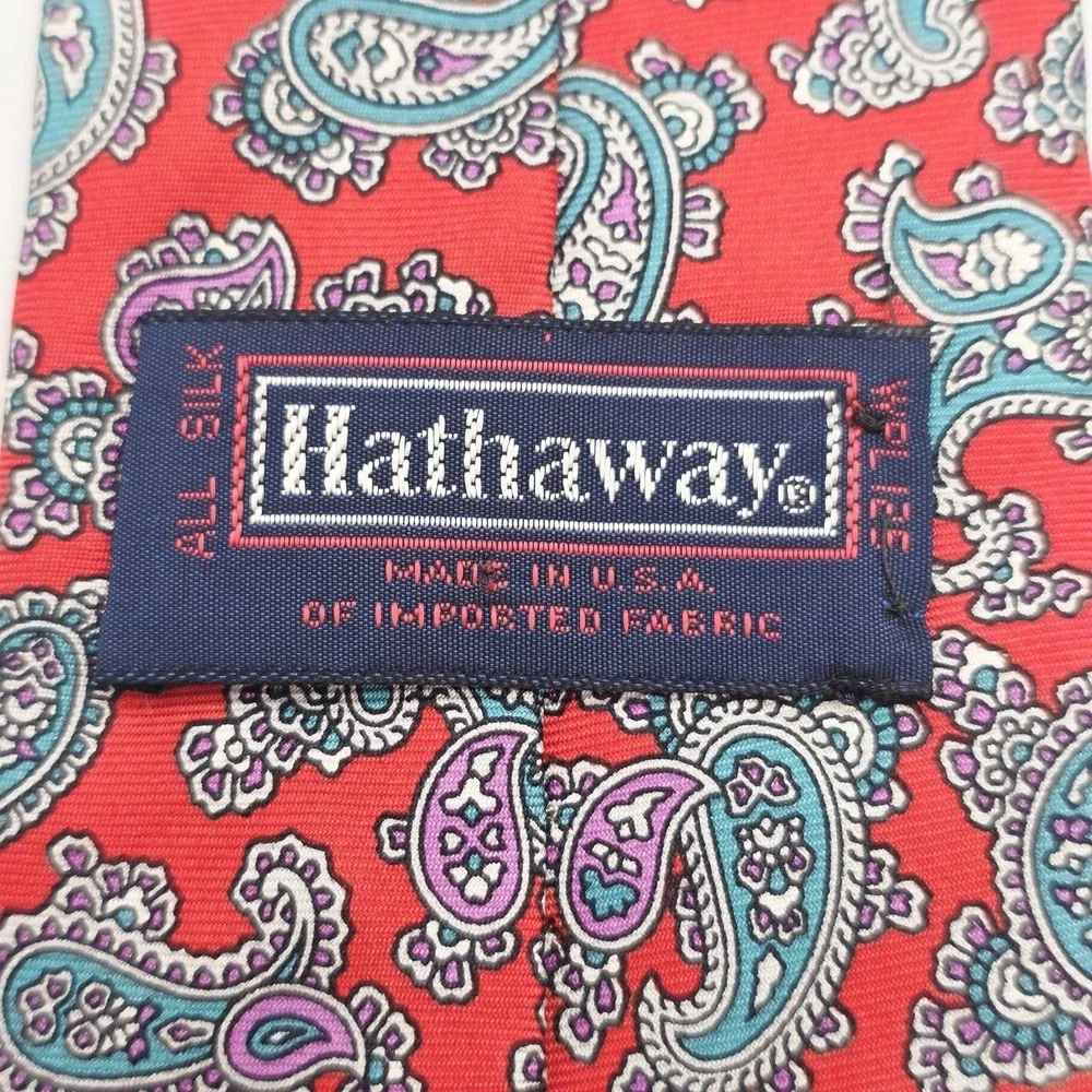 Hathaway‎ Tie Necktie Mens One Size Red Paisley 100% Silk Slim Skinny USA Made